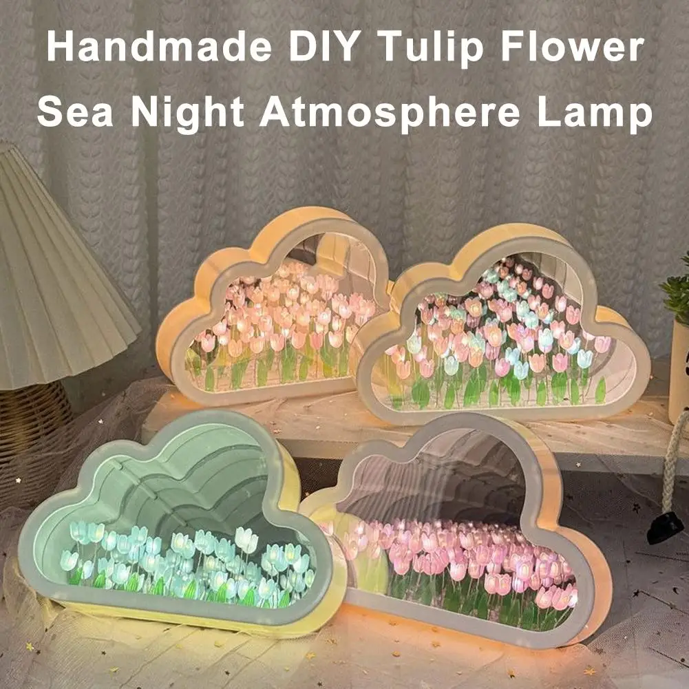DIY Cloud Mirror Tulip Lamp Night Light Girl Bedroom Ornaments Photo Frame Handmade Glass Bedside Sleep Light Christmas Gifts 