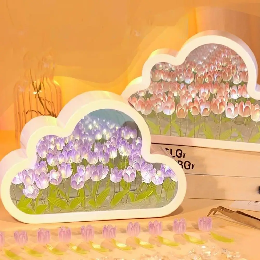 DIY Cloud Mirror Tulip Lamp Night Light Girl Bedroom Ornaments Photo Frame Handmade Glass Bedside Sleep Light Christmas Gifts 