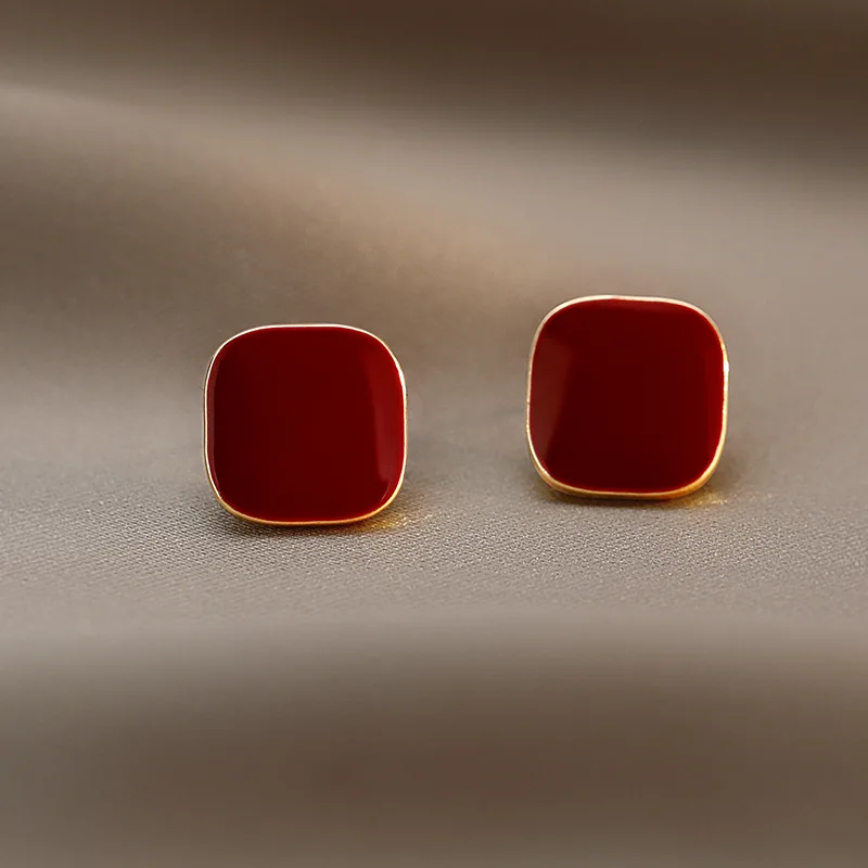 Wine Red Square Stud Earring for Women Korean Simple Geometry Temperament Jewelry Christmas Girlfriend Gift