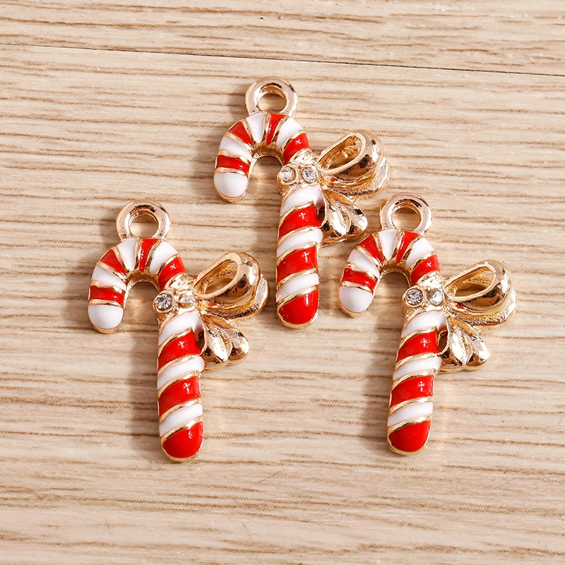 10pcs 15*22mm Christmas Crutch Charms Alloy Enamel Bowknot Charms Pendants for Making Necklaces Earrings DIY Jewelry Findings
