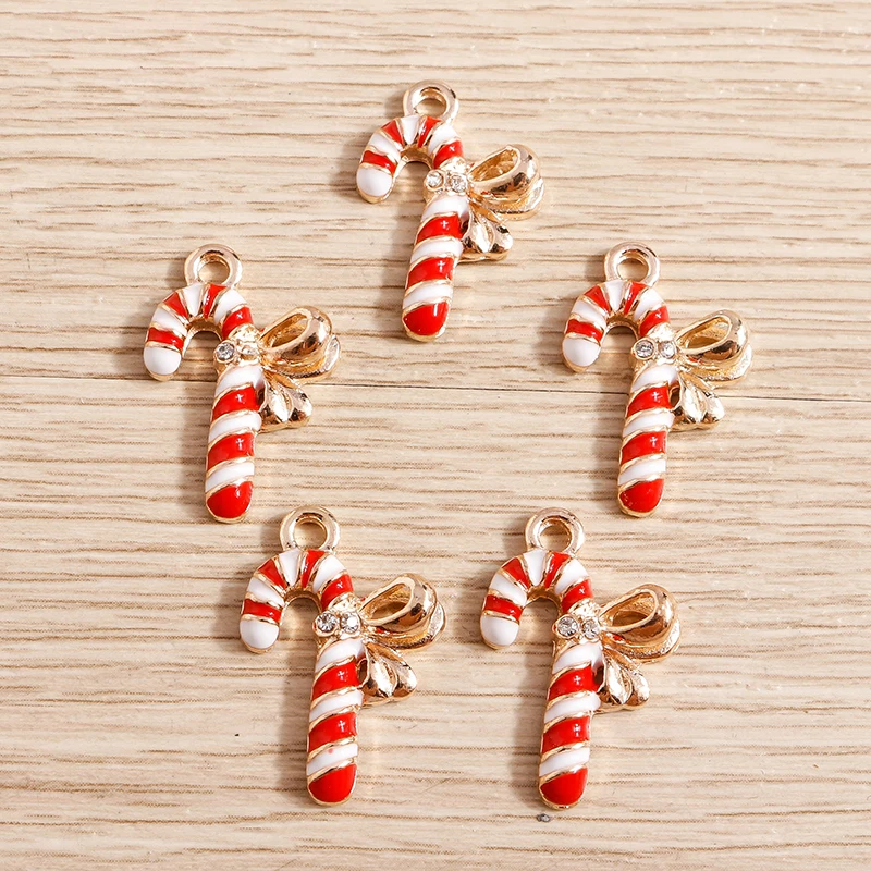10pcs 15*22mm Christmas Crutch Charms Alloy Enamel Bowknot Charms Pendants for Making Necklaces Earrings DIY Jewelry Findings