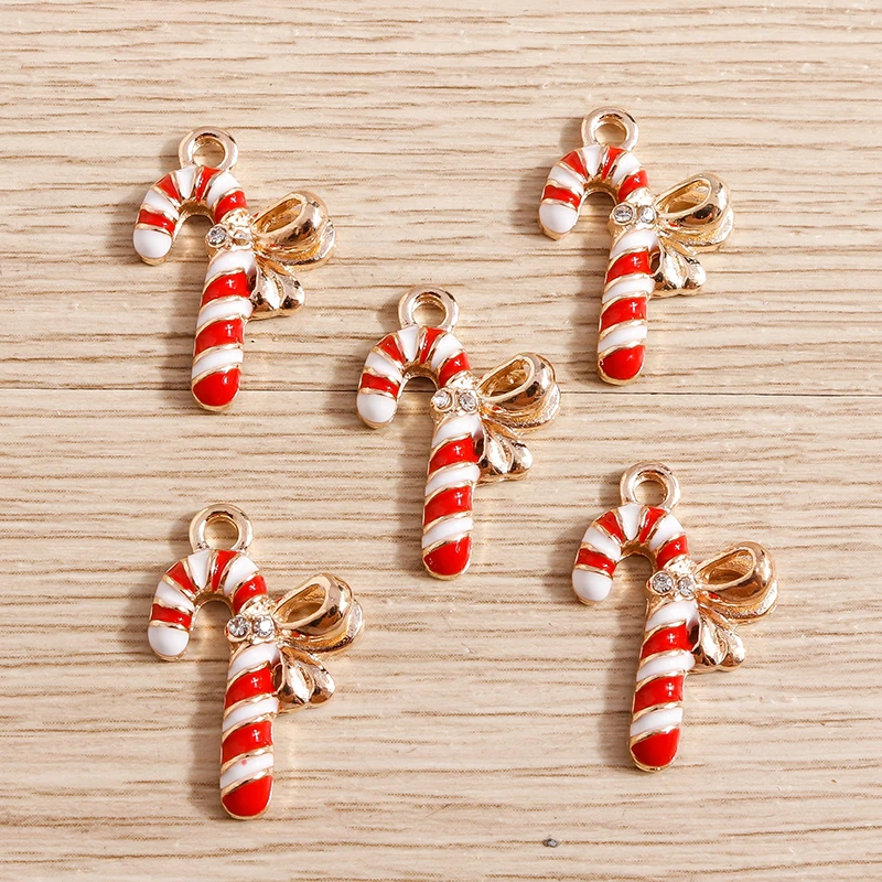 10pcs 15*22mm Christmas Crutch Charms Alloy Enamel Bowknot Charms Pendants for Making Necklaces Earrings DIY Jewelry Findings