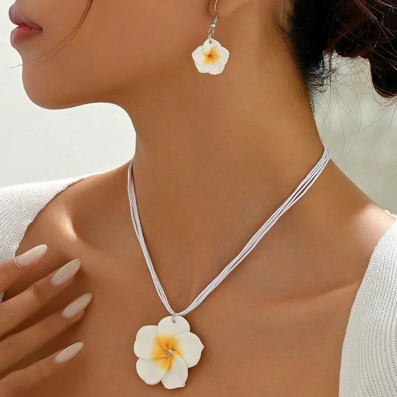 Fashion Romantic Plumeria Flower Jewelry Set Sweet Flowers Earrings Pendant Choker Necklace Party Wedding Christmas Gifts
