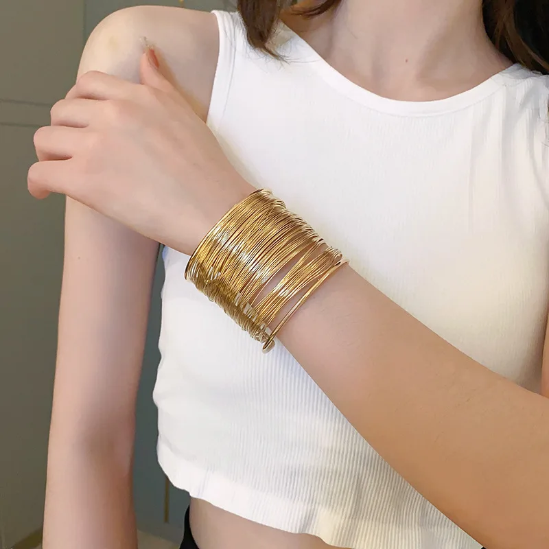 Metal Multi-layer Open Arm Ring Punk Wide Cuff Bangles Girl Jewelry Simple Exaggerated Geometric Pulseras Christmas Gift