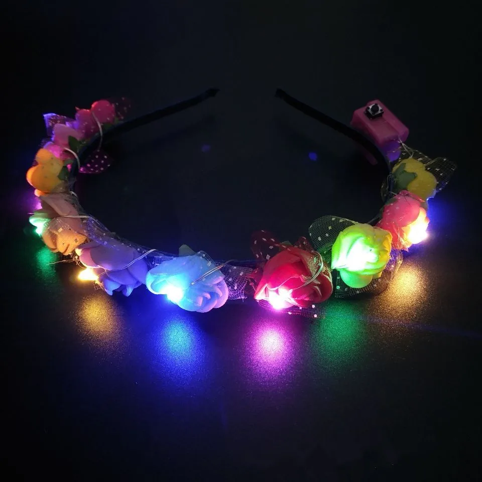 Luminous Rose Flower Headband LED Light up Wreath for Women Girl Bridal Wedding Party Hairband Christmas Valentine's Day Gifts