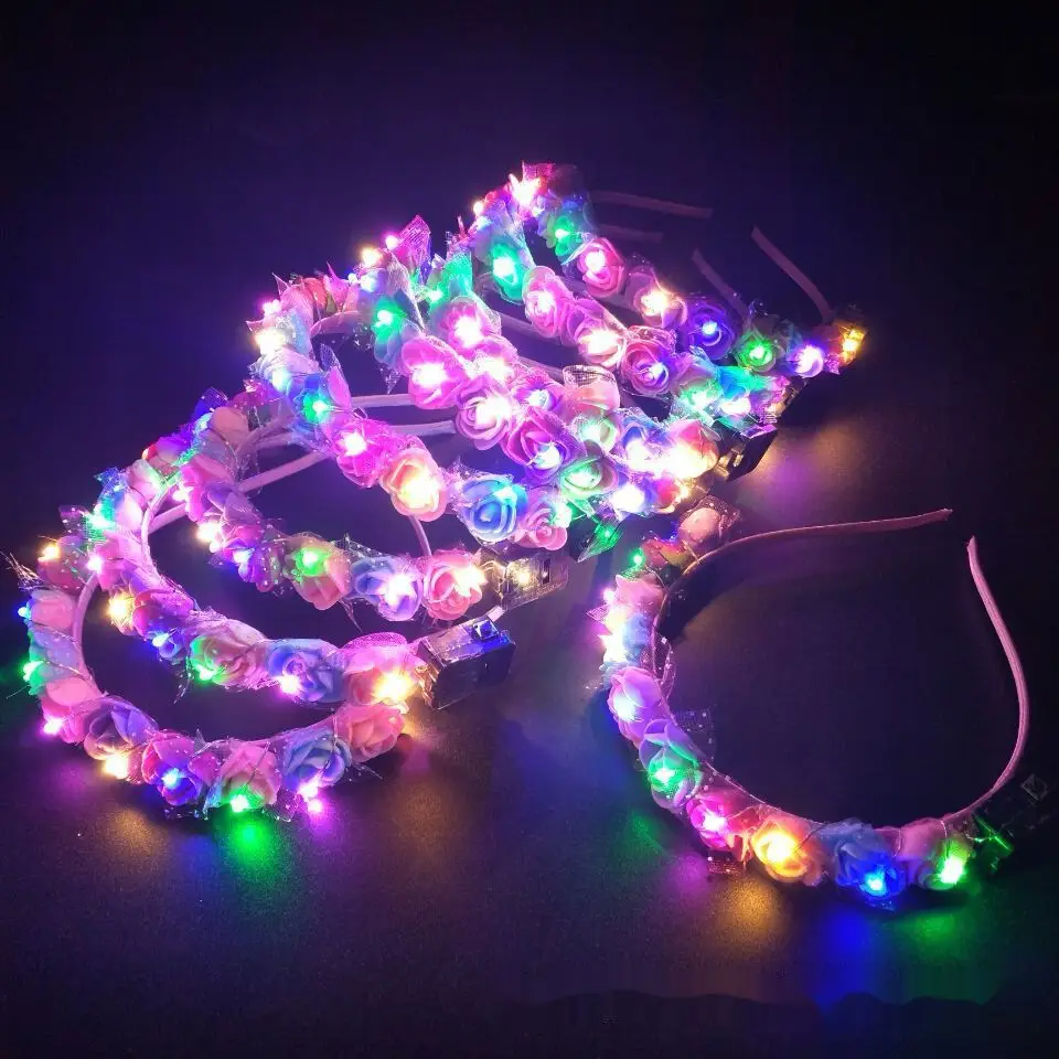 Luminous Rose Flower Headband LED Light up Wreath for Women Girl Bridal Wedding Party Hairband Christmas Valentine's Day Gifts