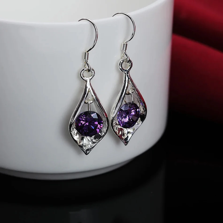 Pure 925 Sterling Silver Earrings fashion Jewelry elegant Woman crystal Amethyst shell earrings engagement Christmas Gifts