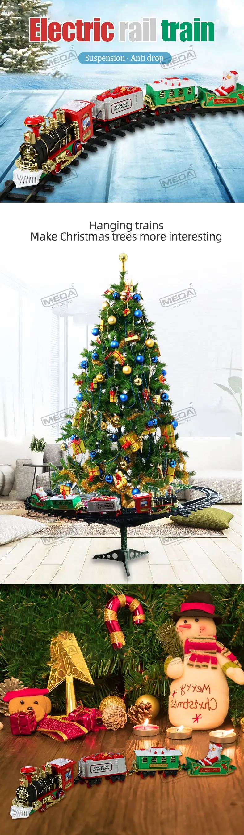 Battery Operate Railway Train with Sound&Light Railway Car Toys Christmas Train Tree Decoration Track Electric Toys for Kids