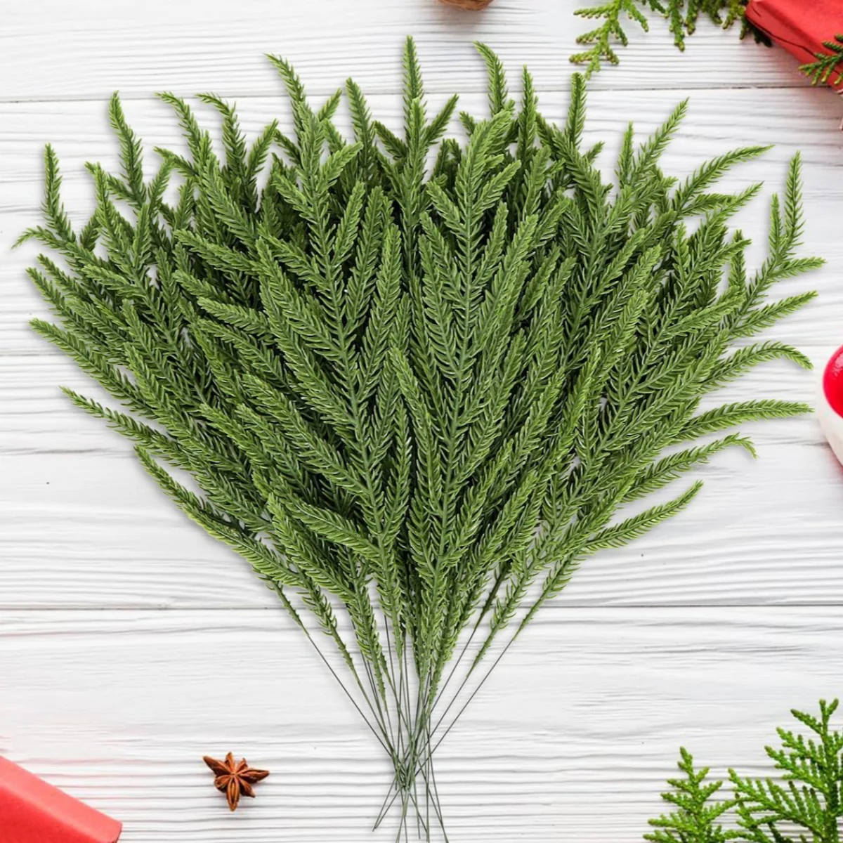 10pcs Christmas Artificial Norfolk Pine Branches Faux Greenery Stems Lifelike for Vase Table Centerpieces Home Holiday Decor