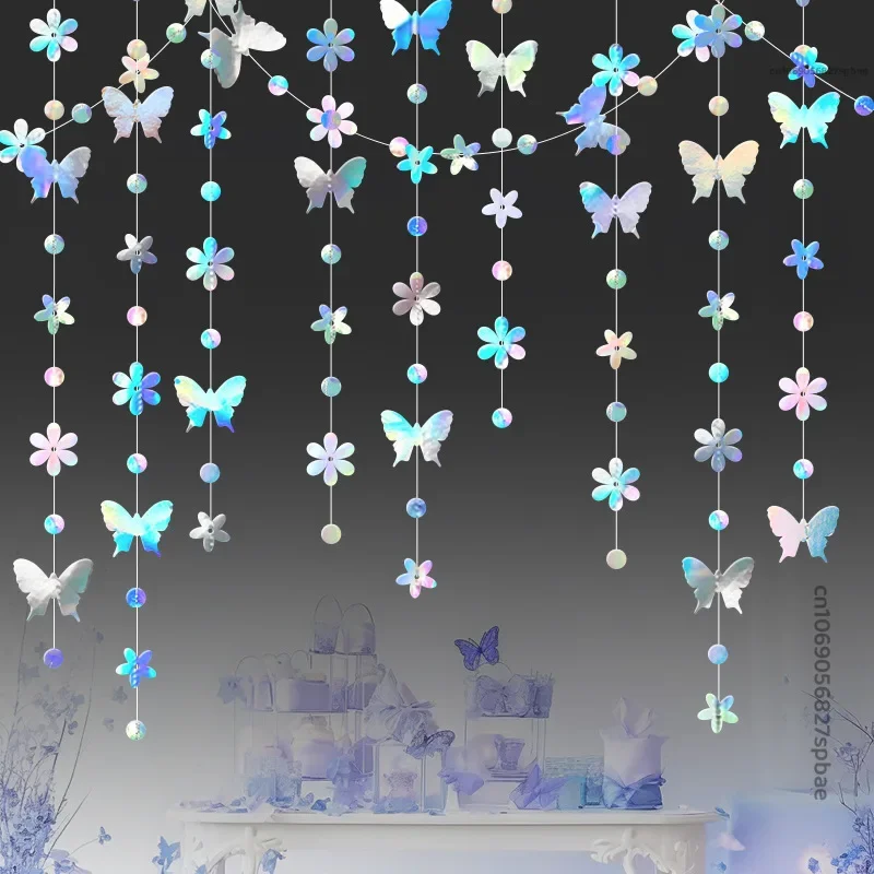 Iridescent Flower Butterfly Banner Girl Party Butterfly Hanging Paper Garland for Under The Wedding Birthday Christmas New Year