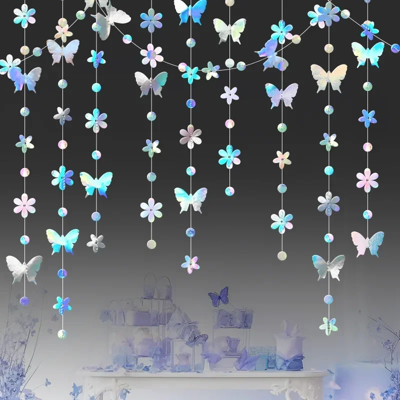 Iridescent Flower Butterfly Banner Girl Party Butterfly Hanging Paper Garland for Under The Wedding Birthday Christmas New Year