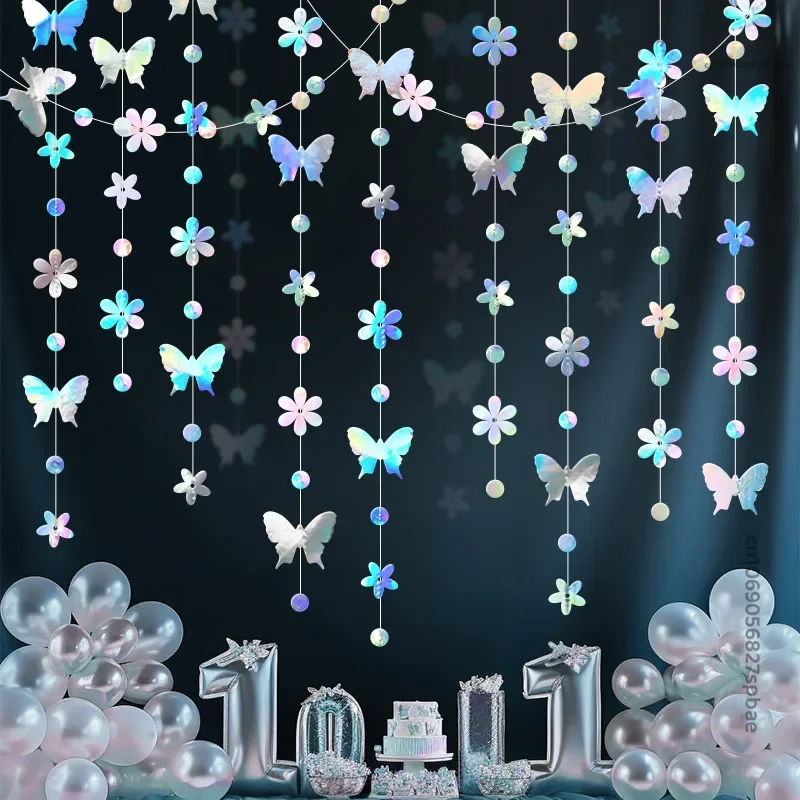Iridescent Flower Butterfly Banner Girl Party Butterfly Hanging Paper Garland for Under The Wedding Birthday Christmas New Year