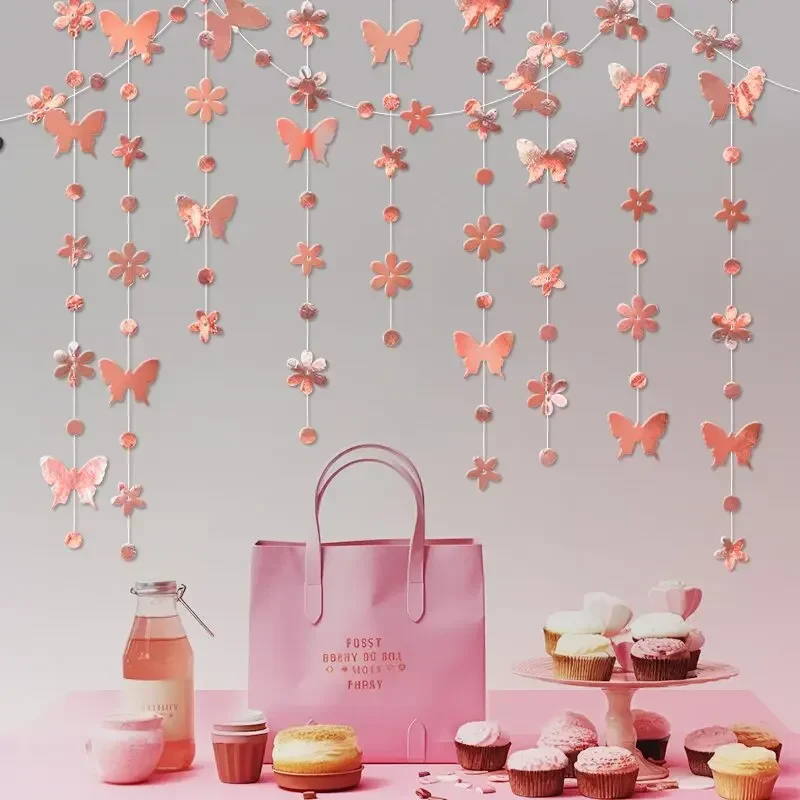 Iridescent Flower Butterfly Banner Girl Party Butterfly Hanging Paper Garland for Under The Wedding Birthday Christmas New Year