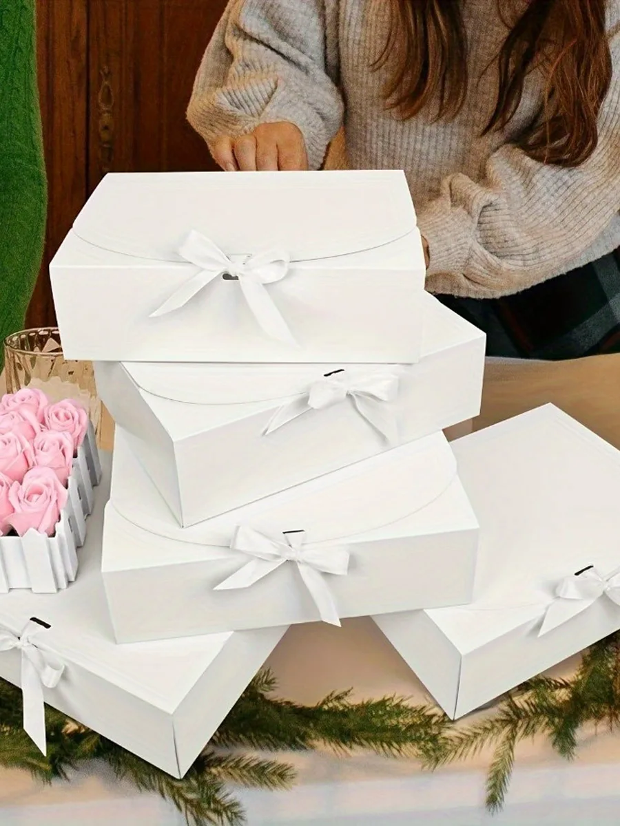 6PCS Large White Gift Box, 27x20x8cm Luxury Wedding Christmas Gift Box for Groomsman Proposal, Birthday Halloween Packaging