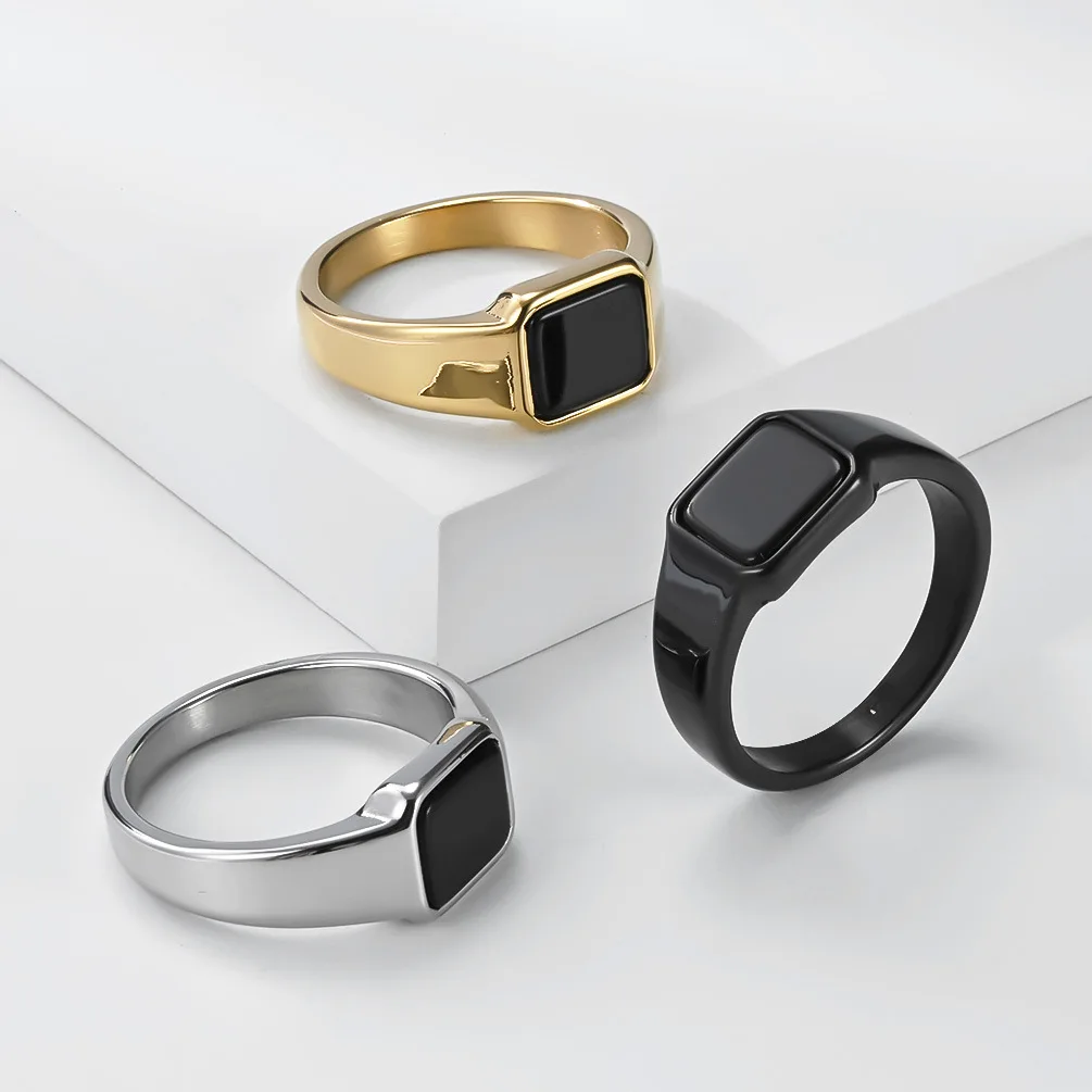 Luxury Designs Black Gemstone Geometric Ring Minimalist Style Titanium Steel Finger Ring For Women Trendy Jewelry Christmas Gift