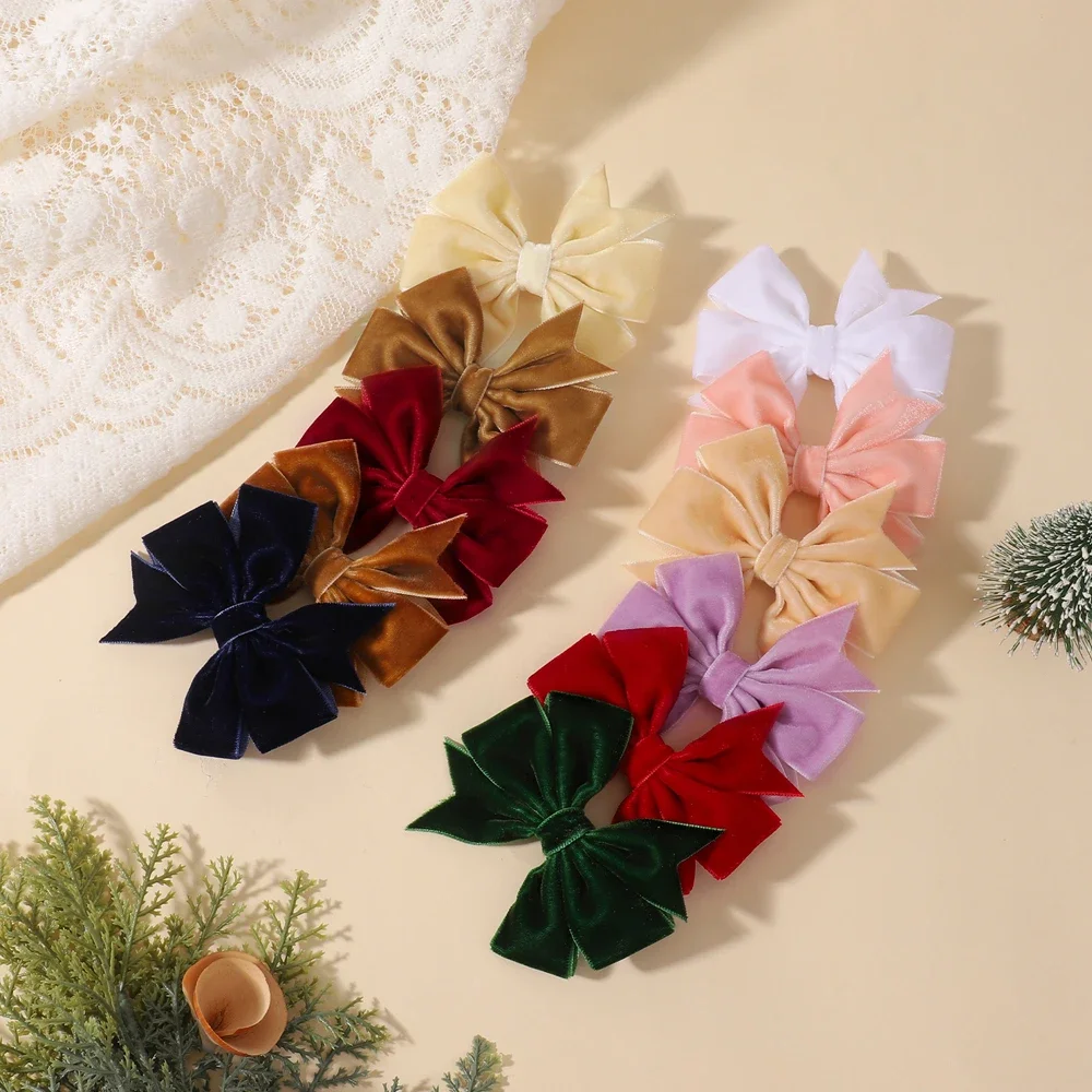 2pcs Vintage Velvet Bow Girls Hair Clip Sweet Red Green Bowknot Hairpins Barrette Headwear Christmas Festival Hair Accessories
