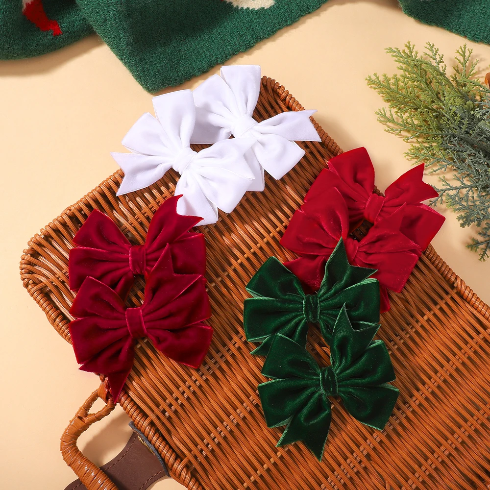 2pcs Vintage Velvet Bow Girls Hair Clip Sweet Red Green Bowknot Hairpins Barrette Headwear Christmas Festival Hair Accessories
