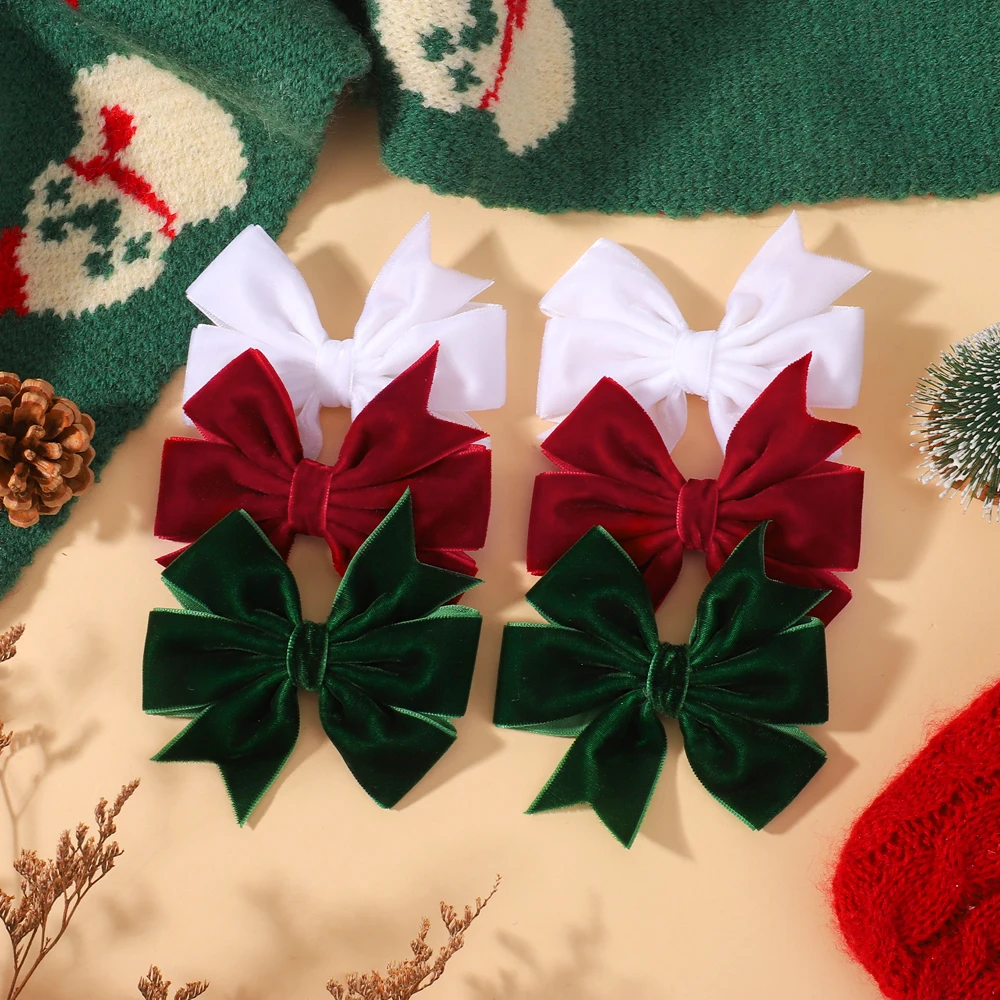 2pcs Vintage Velvet Bow Girls Hair Clip Sweet Red Green Bowknot Hairpins Barrette Headwear Christmas Festival Hair Accessories
