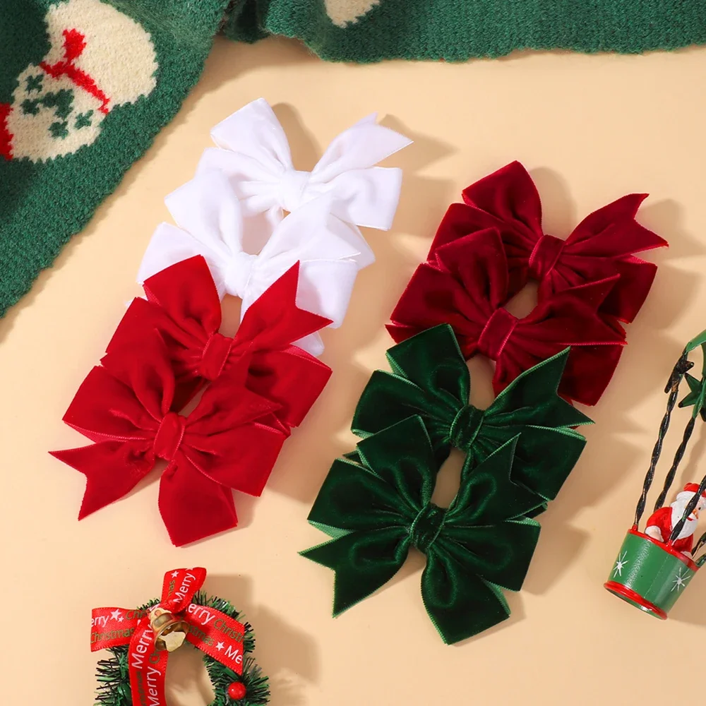 2pcs Vintage Velvet Bow Girls Hair Clip Sweet Red Green Bowknot Hairpins Barrette Headwear Christmas Festival Hair Accessories