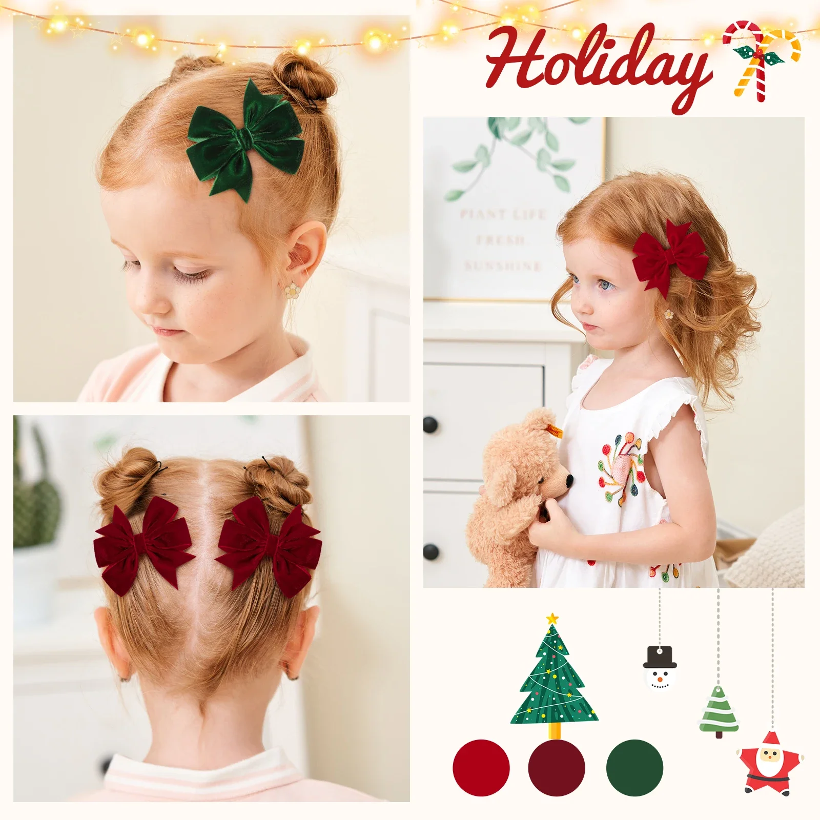 2pcs Vintage Velvet Bow Girls Hair Clip Sweet Red Green Bowknot Hairpins Barrette Headwear Christmas Festival Hair Accessories