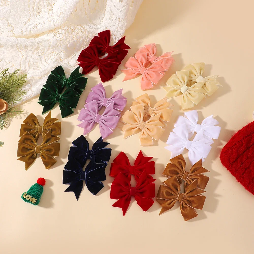 2pcs Vintage Velvet Bow Girls Hair Clip Sweet Red Green Bowknot Hairpins Barrette Headwear Christmas Festival Hair Accessories