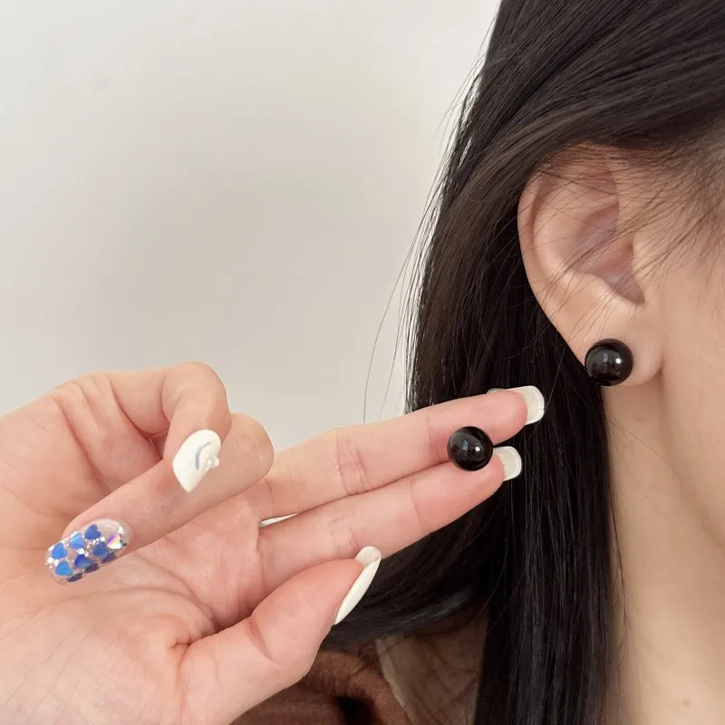 4mm 6mm 8mm 3Pairs Black Round Ball Imitation Pearl Stud Earring for Women Simple Temperament Ear Jewelry Christmas Day Girl