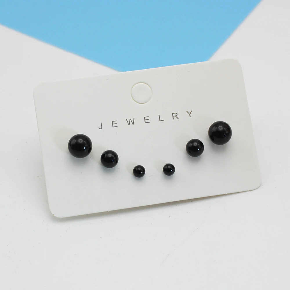4mm 6mm 8mm 3Pairs Black Round Ball Imitation Pearl Stud Earring for Women Simple Temperament Ear Jewelry Christmas Day Girl
