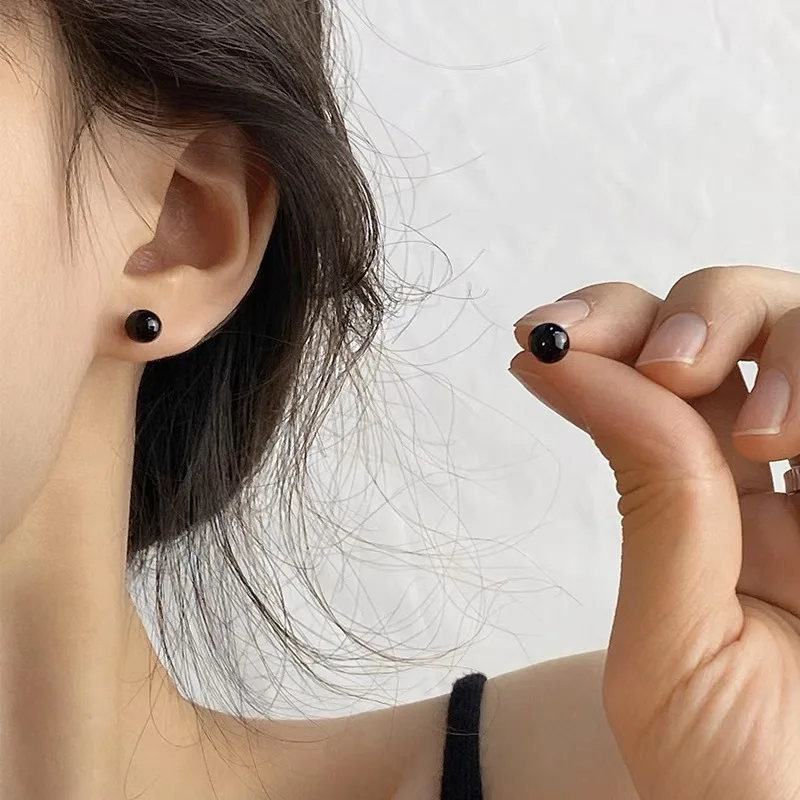 4mm 6mm 8mm 3Pairs Black Round Ball Imitation Pearl Stud Earring for Women Simple Temperament Ear Jewelry Christmas Day Girl