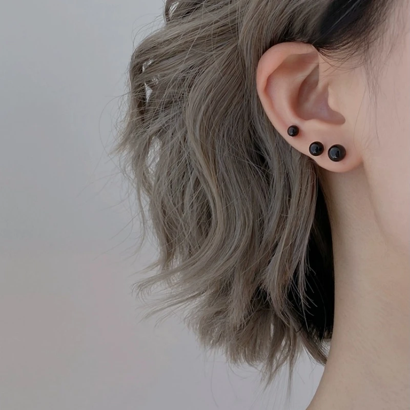 4mm 6mm 8mm 3Pairs Black Round Ball Imitation Pearl Stud Earring for Women Simple Temperament Ear Jewelry Christmas Day Girl