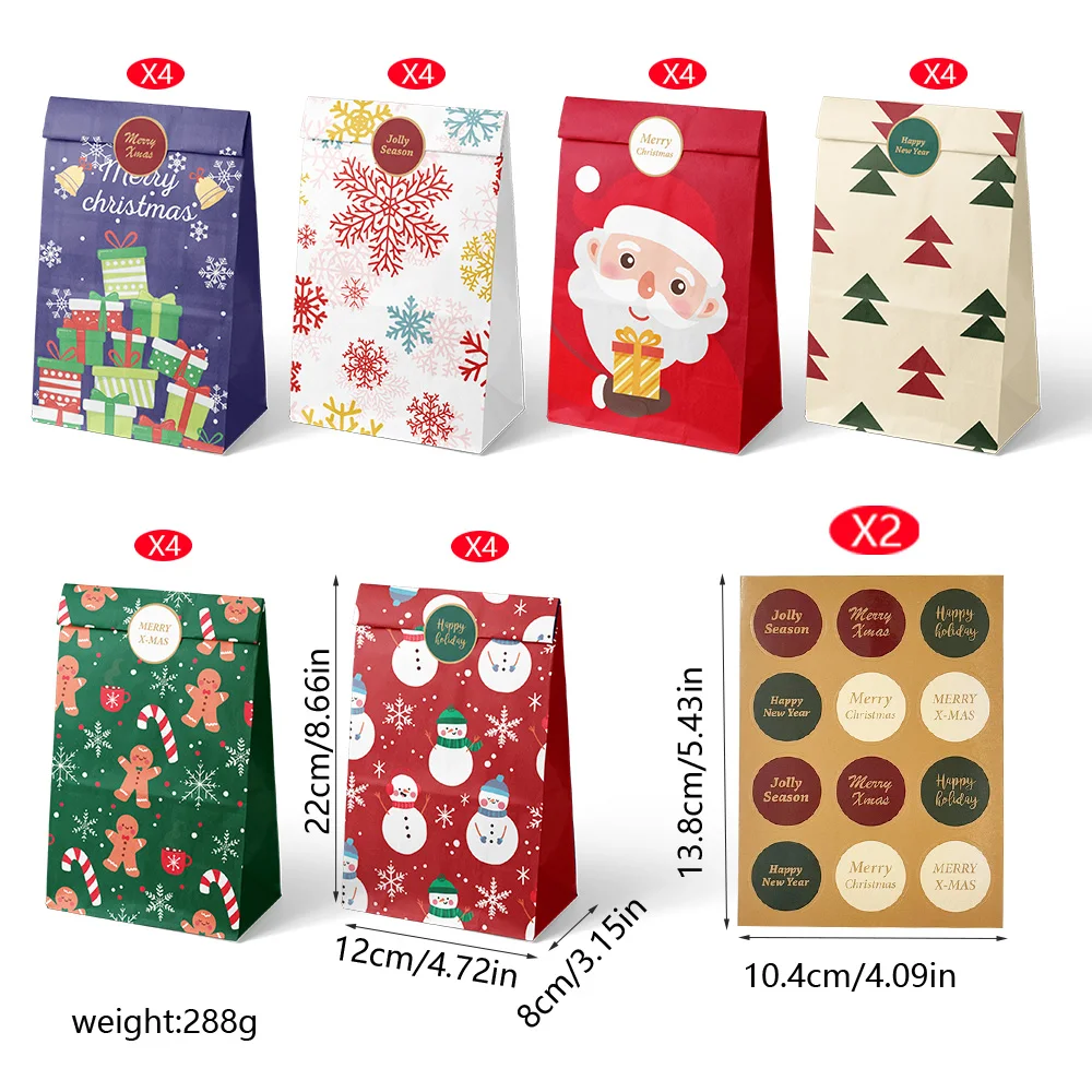 12/24pcs Christmas Gift Bags Candy Bags Merry Christmas Advent Calendar Numbers Stickers Kraft Paper Box Packaging Bags