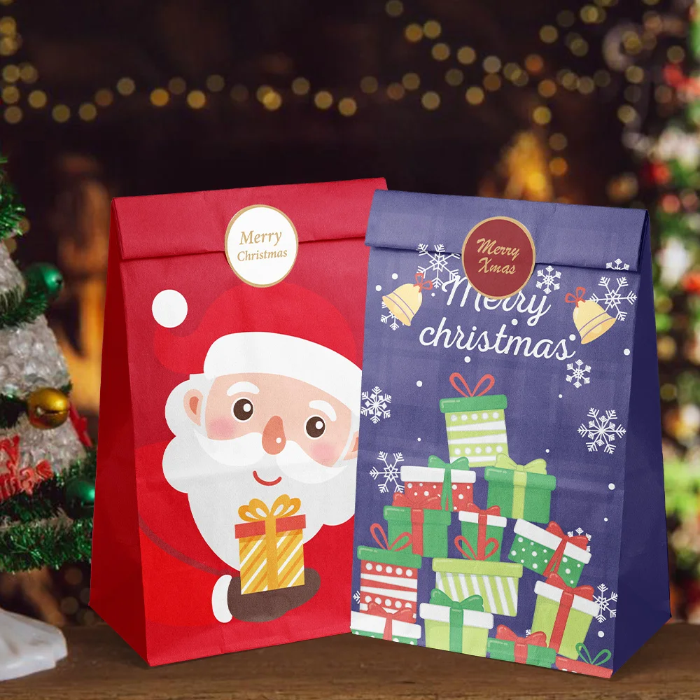 12/24pcs Christmas Gift Bags Candy Bags Merry Christmas Advent Calendar Numbers Stickers Kraft Paper Box Packaging Bags