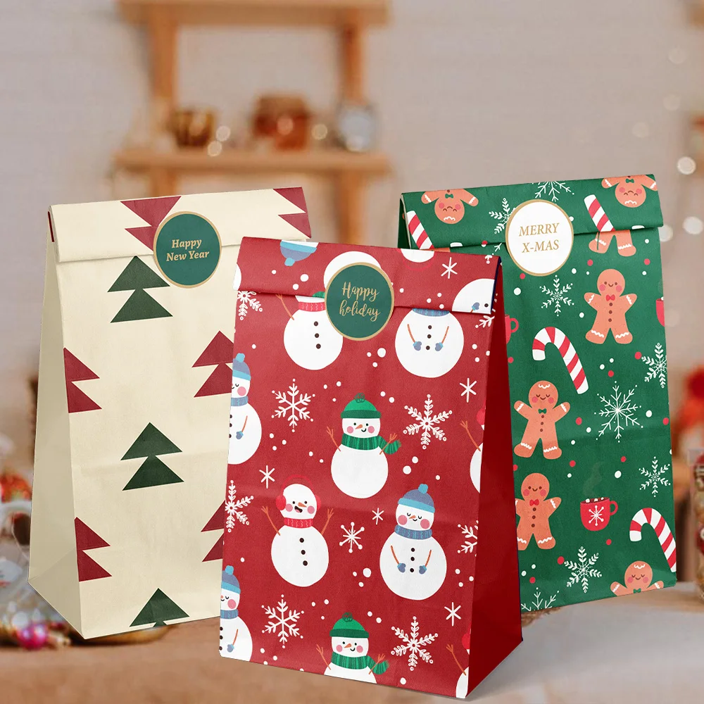 12/24pcs Christmas Gift Bags Candy Bags Merry Christmas Advent Calendar Numbers Stickers Kraft Paper Box Packaging Bags