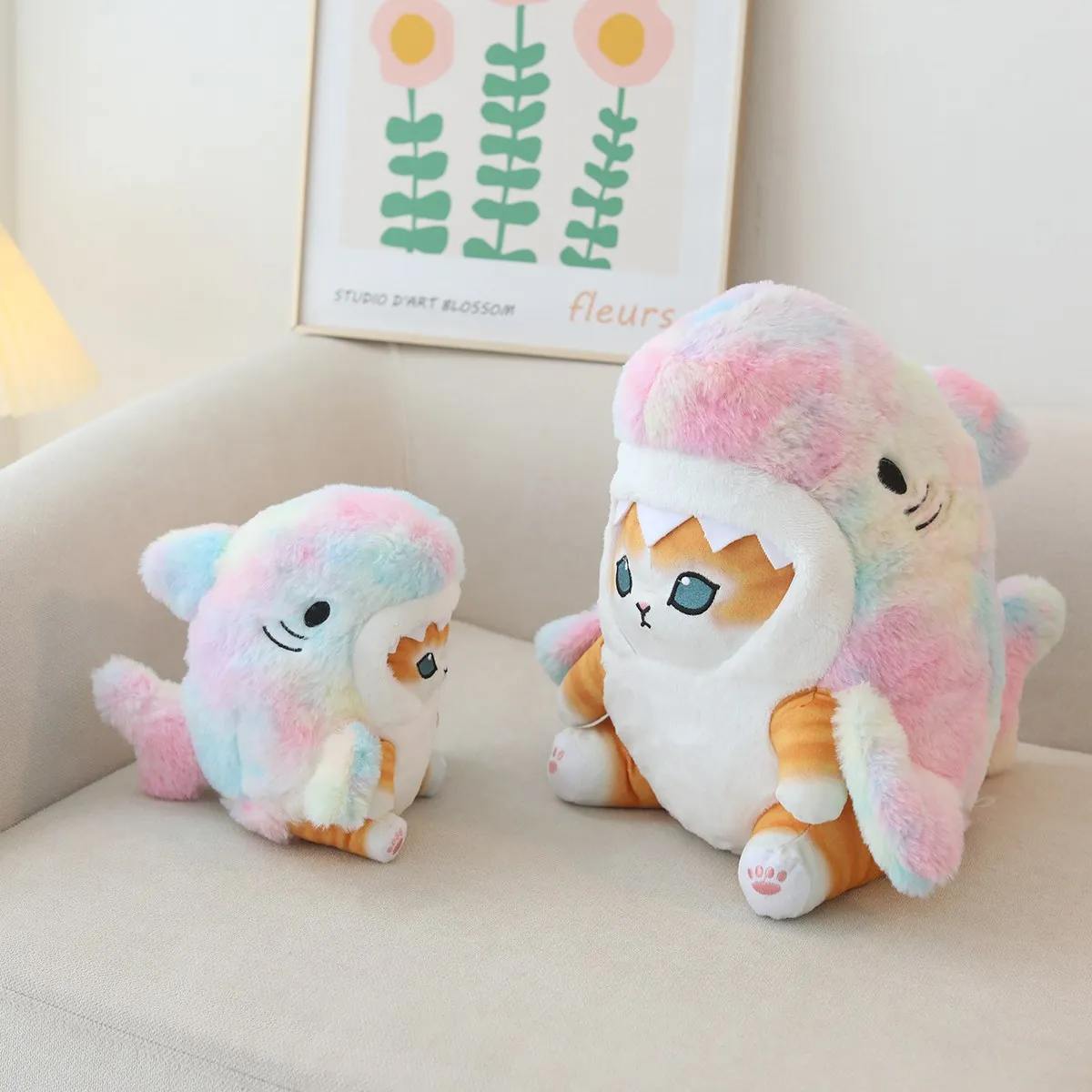 Kawaii Shark Cat Plush Toy Soft Stuffed Colorful Shark Cat Doll Kids Toys Birthday Christmas Gift for Boys Girls