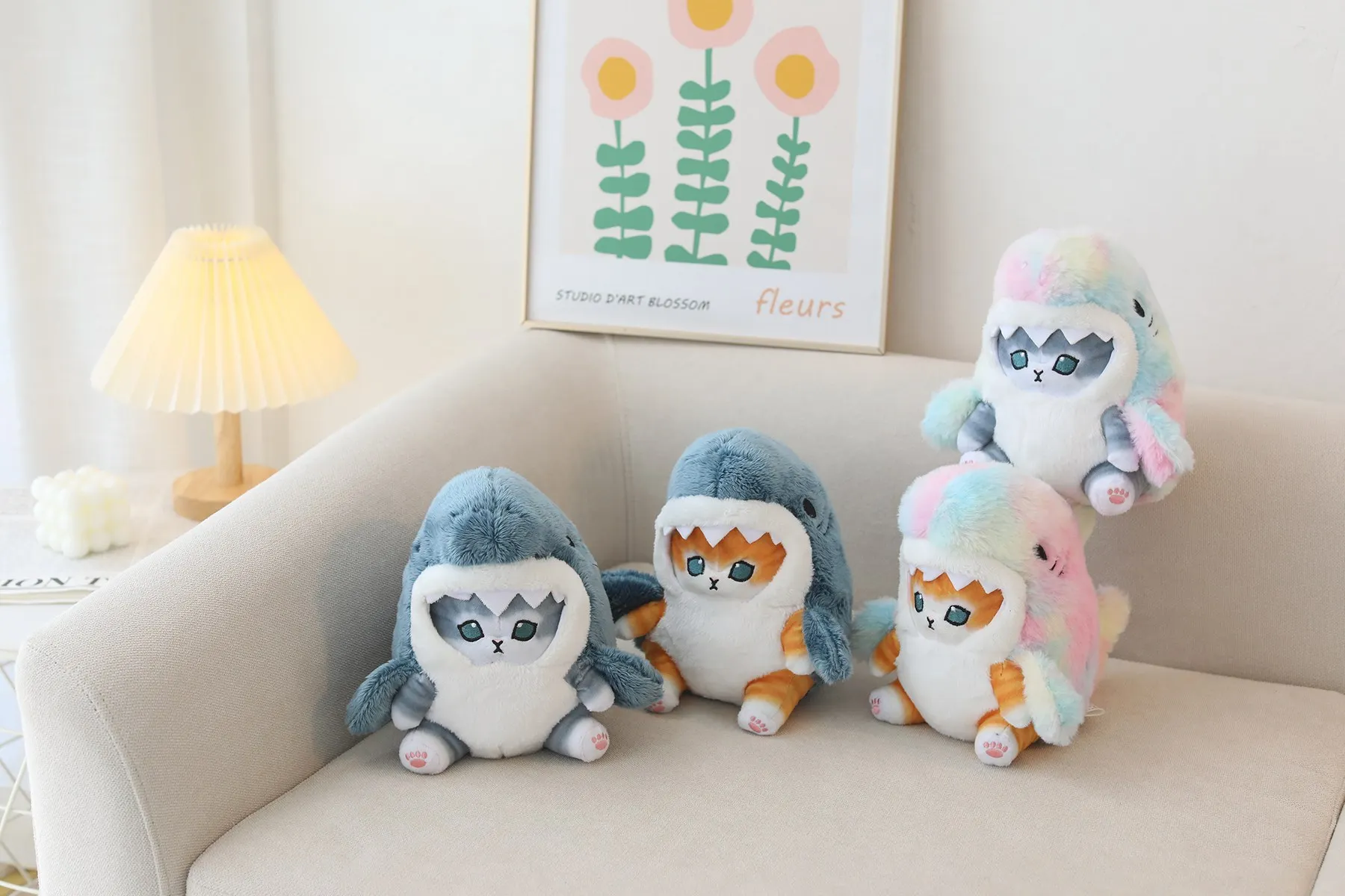Kawaii Shark Cat Plush Toy Soft Stuffed Colorful Shark Cat Doll Kids Toys Birthday Christmas Gift for Boys Girls