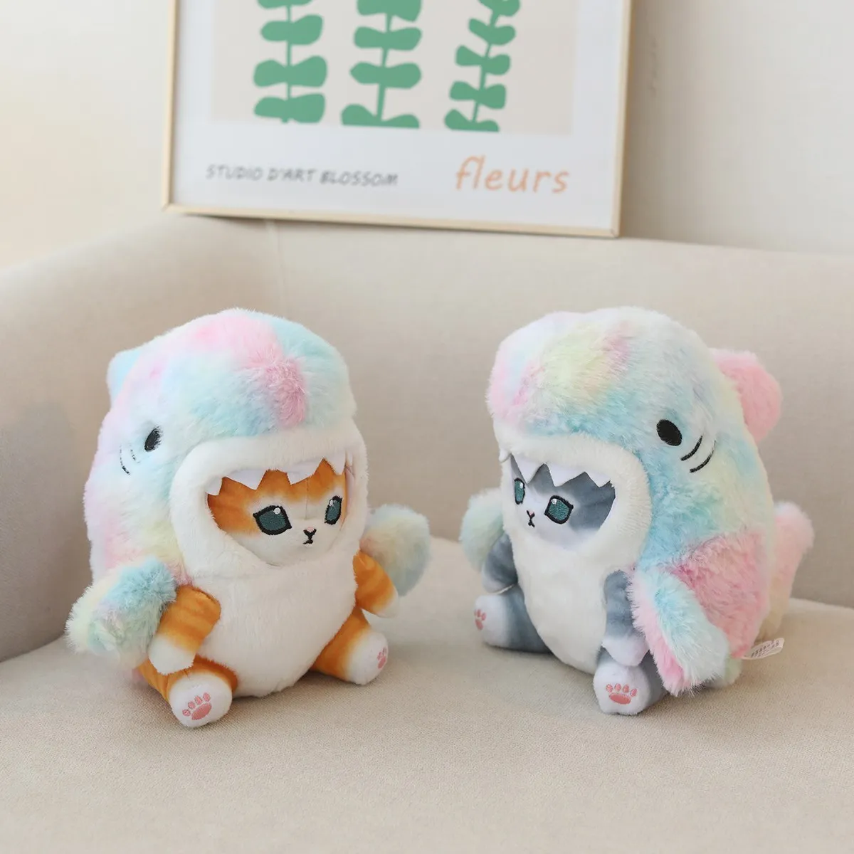 Kawaii Shark Cat Plush Toy Soft Stuffed Colorful Shark Cat Doll Kids Toys Birthday Christmas Gift for Boys Girls