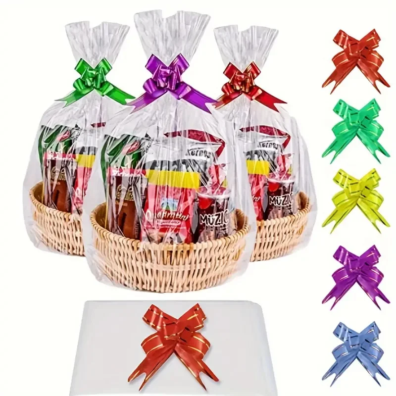20/50 piece large clear cellophane bag with bow for basket and gift wrap christmas decoration