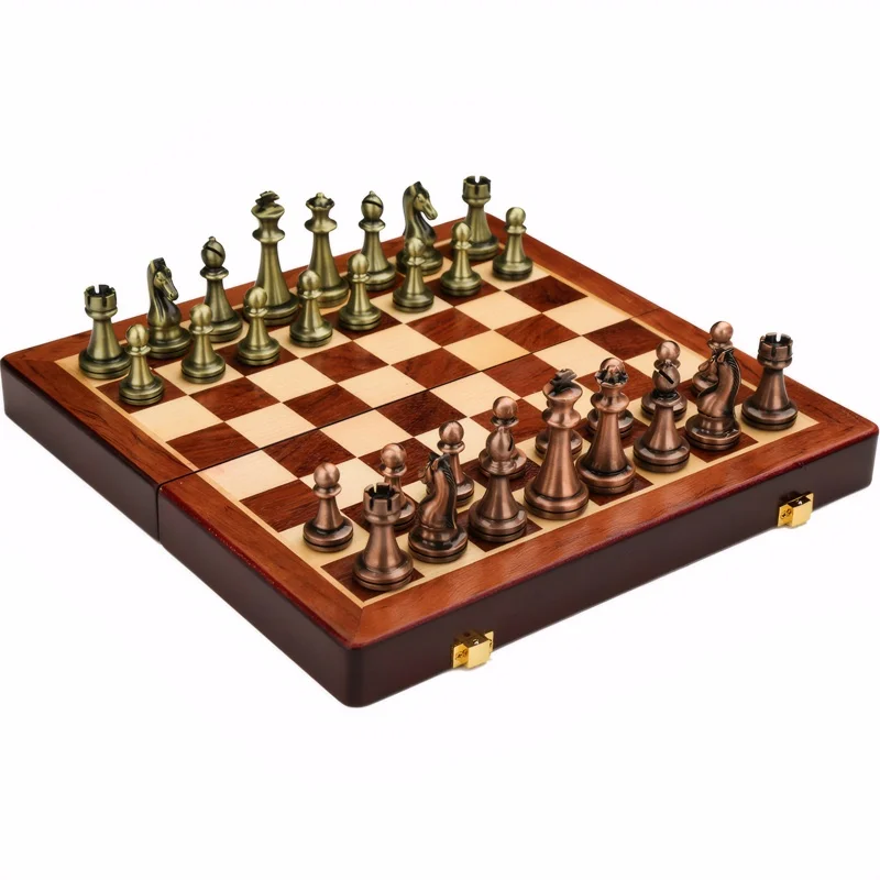 High end chess set 30cm/11.8inch antique bronze foldable solid wood box alloy weighted chess pieces Christmas holiday gift
