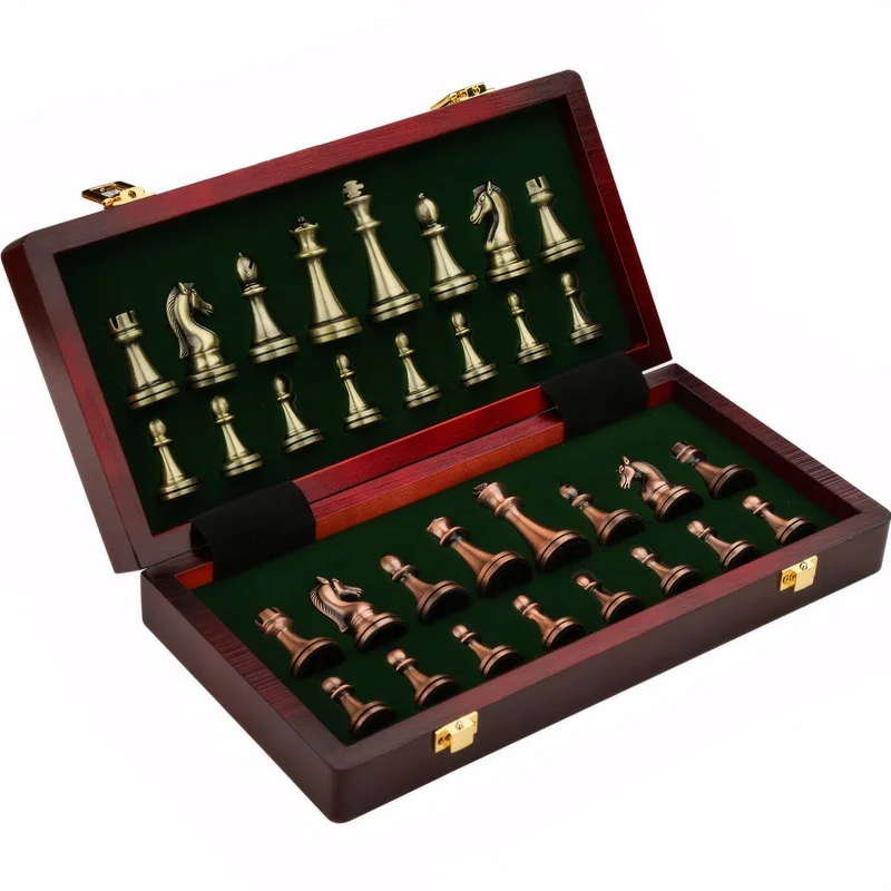 High end chess set 30cm/11.8inch antique bronze foldable solid wood box alloy weighted chess pieces Christmas holiday gift