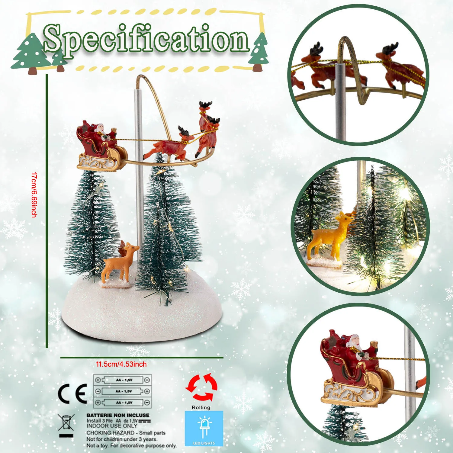 Animated Christmas Village Flying Sleigh with Rotating Santa Figurines Musical Light-Up Holiday Decorations Accessory