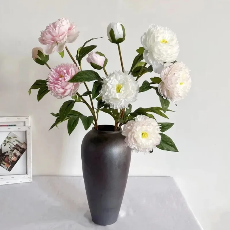 Beautiful Artificial 3 Heads Peony Flowers Long Branch For Home Wedding Table Christmas Decoration 75cm Fake Flower Room Decor