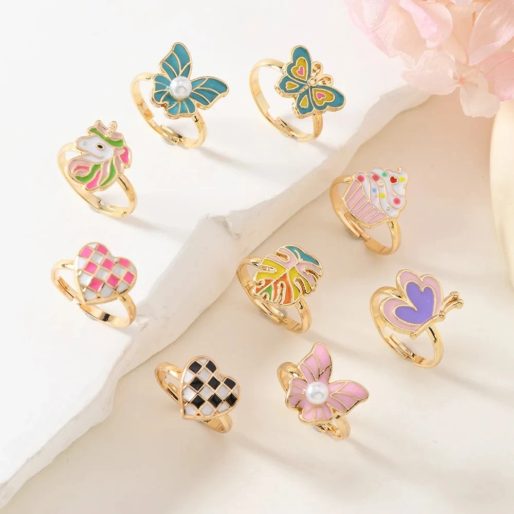 9Pcs Adjustable Rings for Girls Women Flower Butterfly Heart Alloy Ring Fashion Beauty Jewelry Christmas New Year Gift for Girl