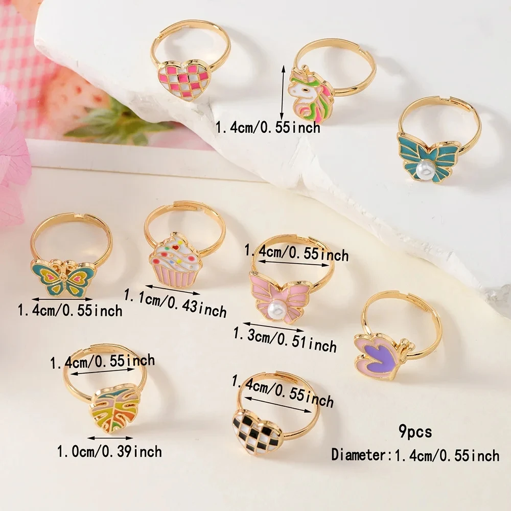 9Pcs Adjustable Rings for Girls Women Flower Butterfly Heart Alloy Ring Fashion Beauty Jewelry Christmas New Year Gift for Girl