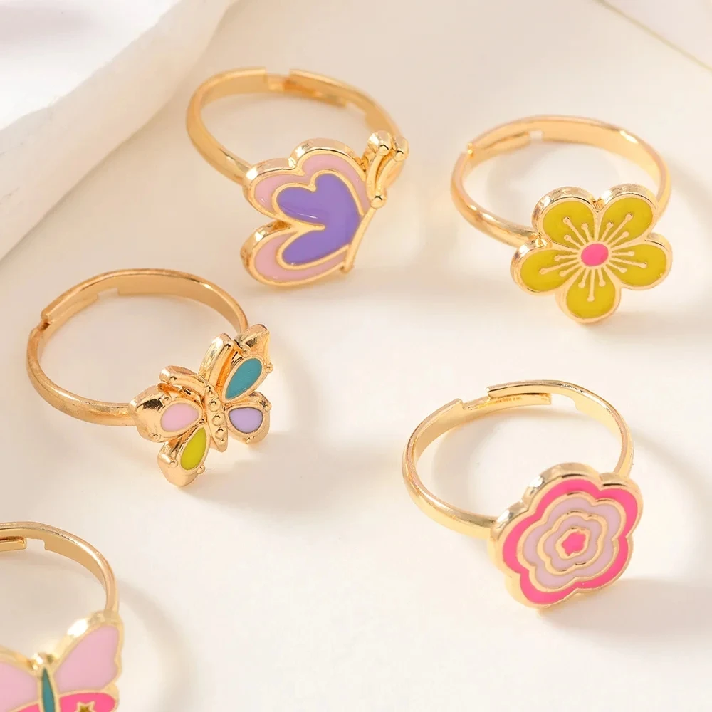 9Pcs Adjustable Rings for Girls Women Flower Butterfly Heart Alloy Ring Fashion Beauty Jewelry Christmas New Year Gift for Girl
