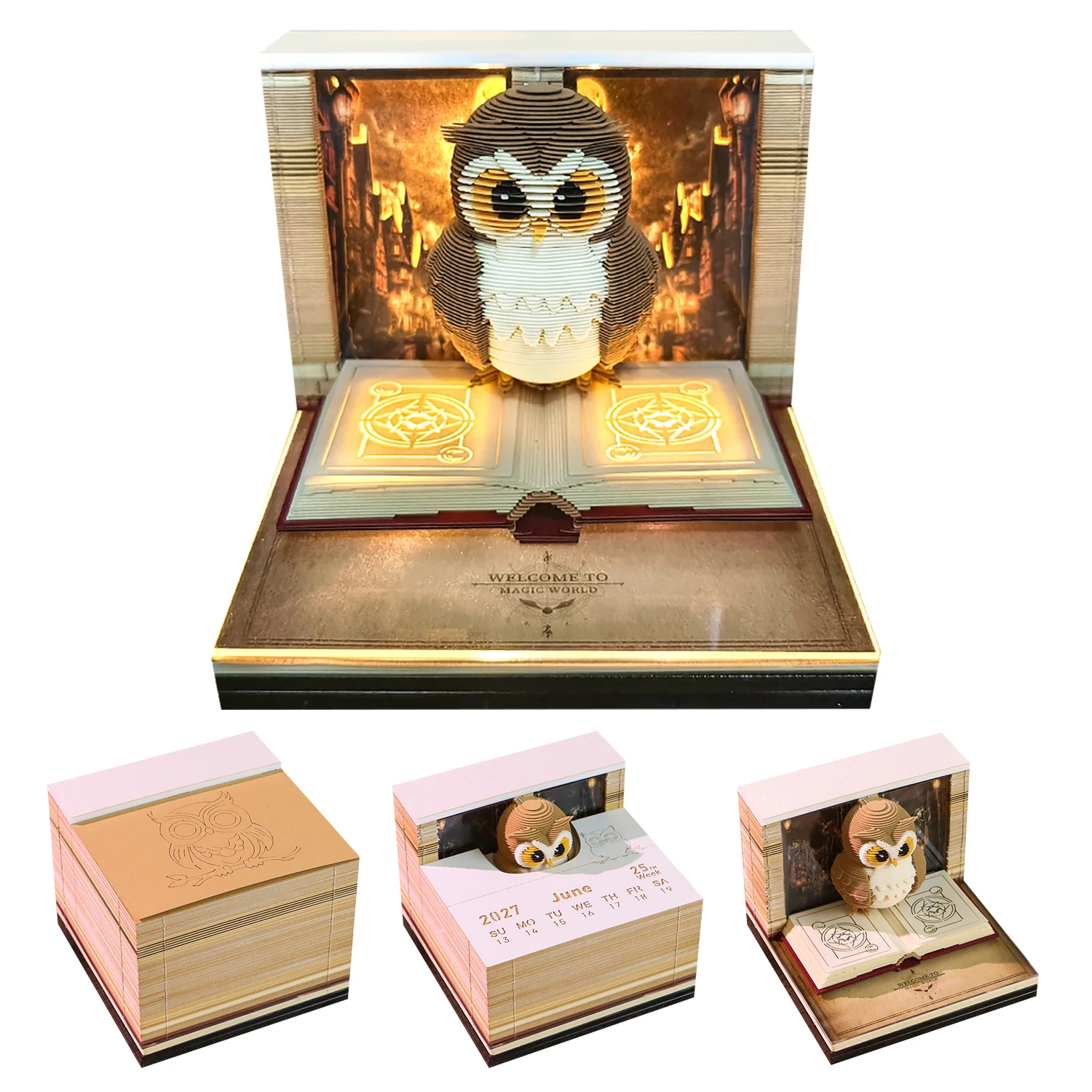 Time Piece Calendar 2027 Desk Calendar With Light 3D Magic Owl Calendar Paper Carving Art Memo Pad Notepad Gift for Christmas