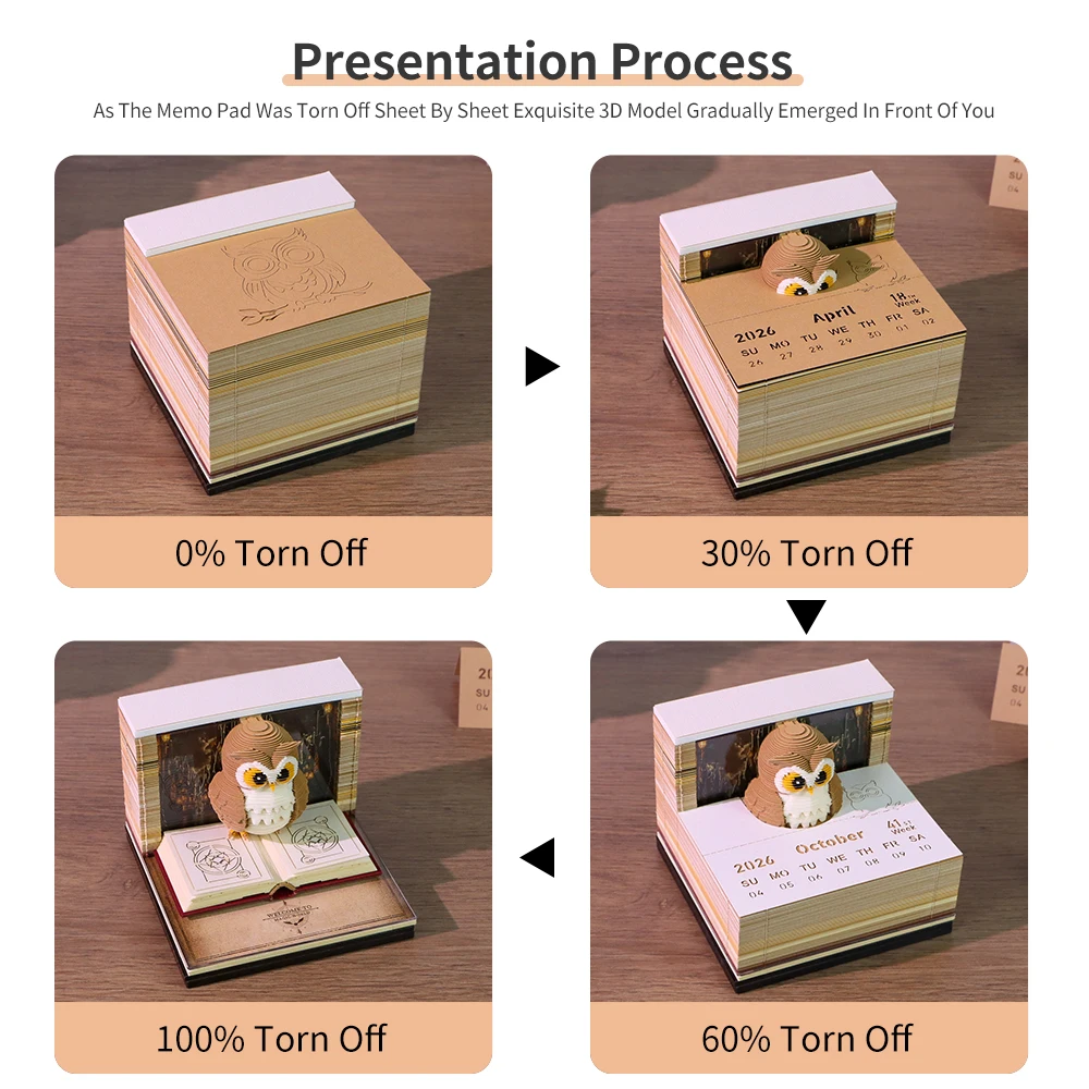 Time Piece Calendar 2027 Desk Calendar With Light 3D Magic Owl Calendar Paper Carving Art Memo Pad Notepad Gift for Christmas