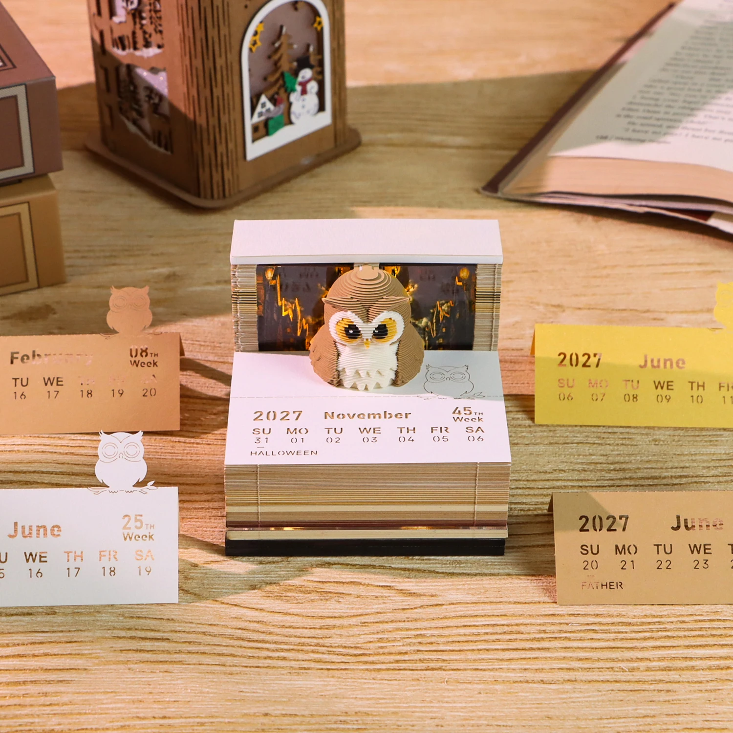 Time Piece Calendar 2027 Desk Calendar With Light 3D Magic Owl Calendar Paper Carving Art Memo Pad Notepad Gift for Christmas
