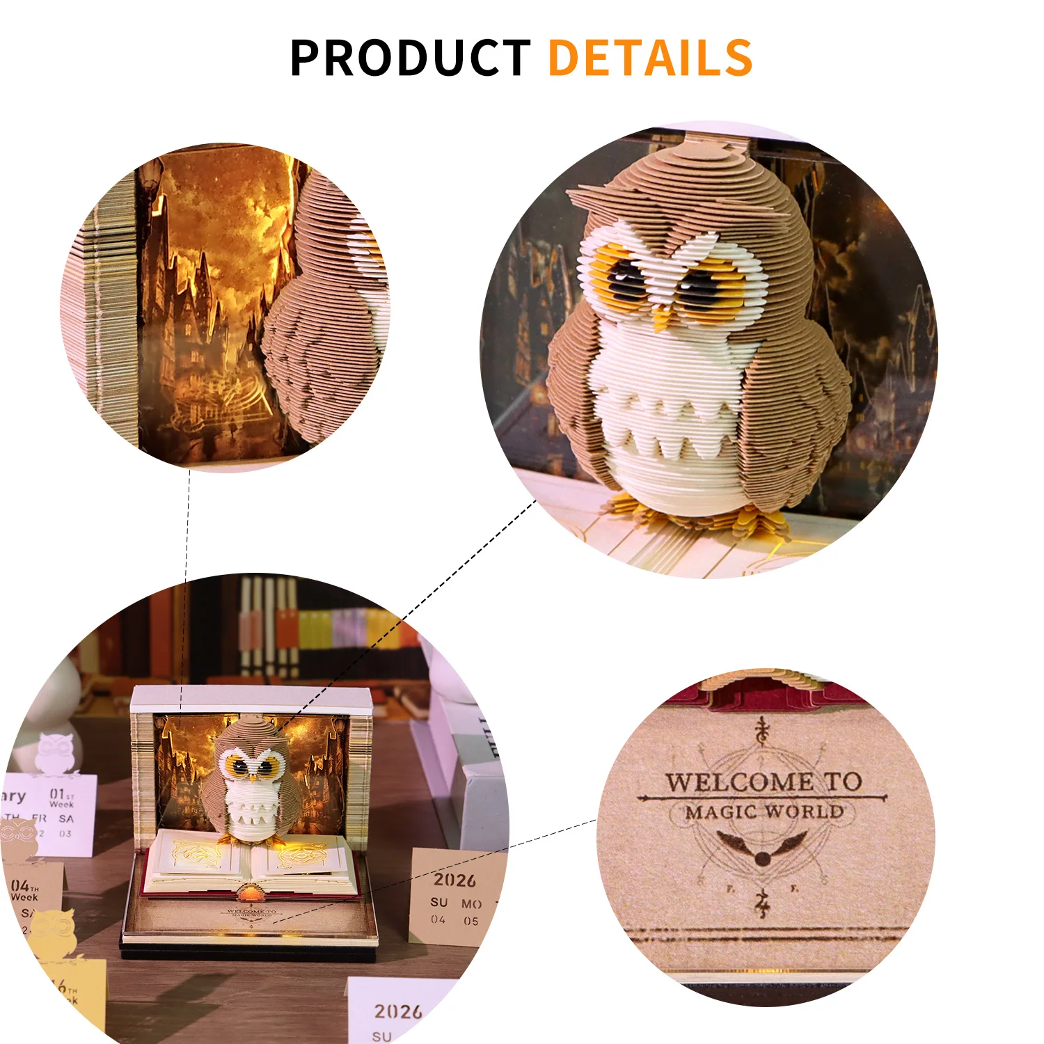 Time Piece Calendar 2027 Desk Calendar With Light 3D Magic Owl Calendar Paper Carving Art Memo Pad Notepad Gift for Christmas