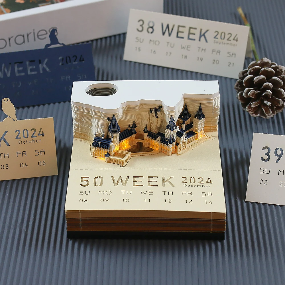 Time Piece Calendar 2027 Desk Calendar With Light 3D Magic Owl Calendar Paper Carving Art Memo Pad Notepad Gift for Christmas