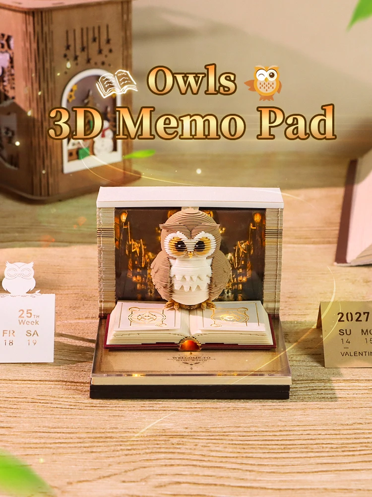 Time Piece Calendar 2027 Desk Calendar With Light 3D Magic Owl Calendar Paper Carving Art Memo Pad Notepad Gift for Christmas