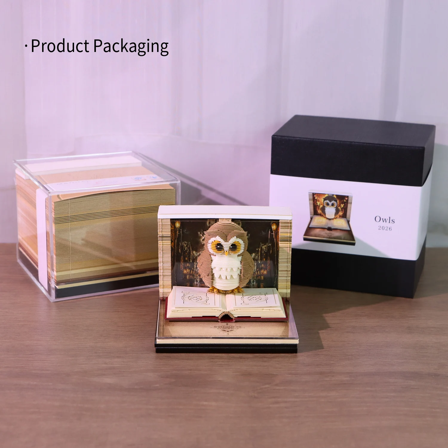 Time Piece Calendar 2027 Desk Calendar With Light 3D Magic Owl Calendar Paper Carving Art Memo Pad Notepad Gift for Christmas